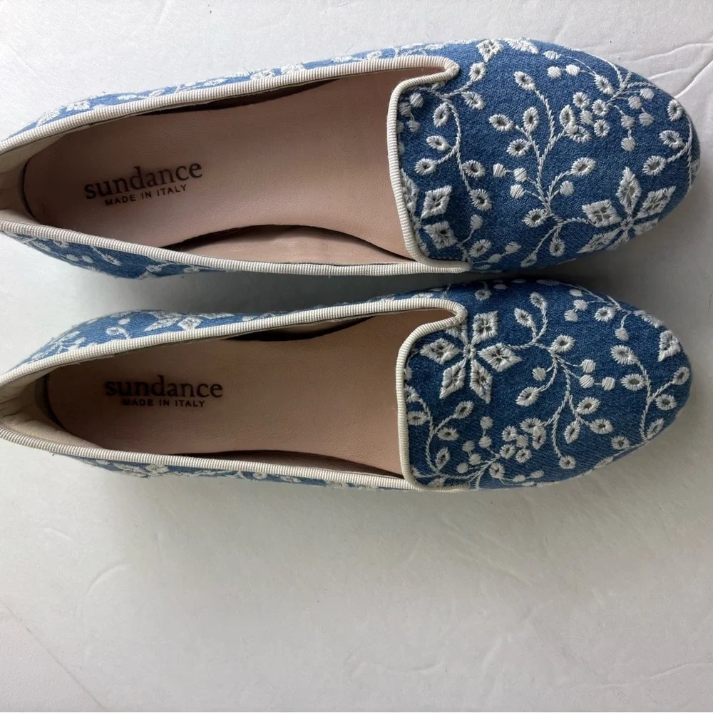 Sundance Women's Blue Embroidered Slip-On Flats leather